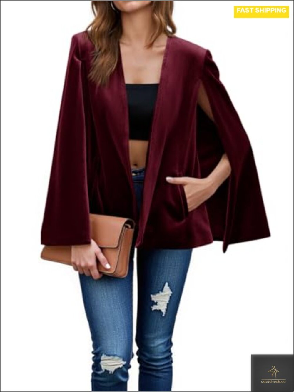 Velvet Cape Blazer Split Long Sleeve Open Front Jacket Women's Formal